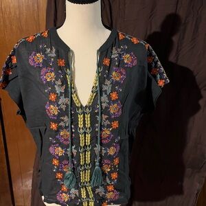 NATURAL LIFE Black Top with Multicolor Floral Embroidery